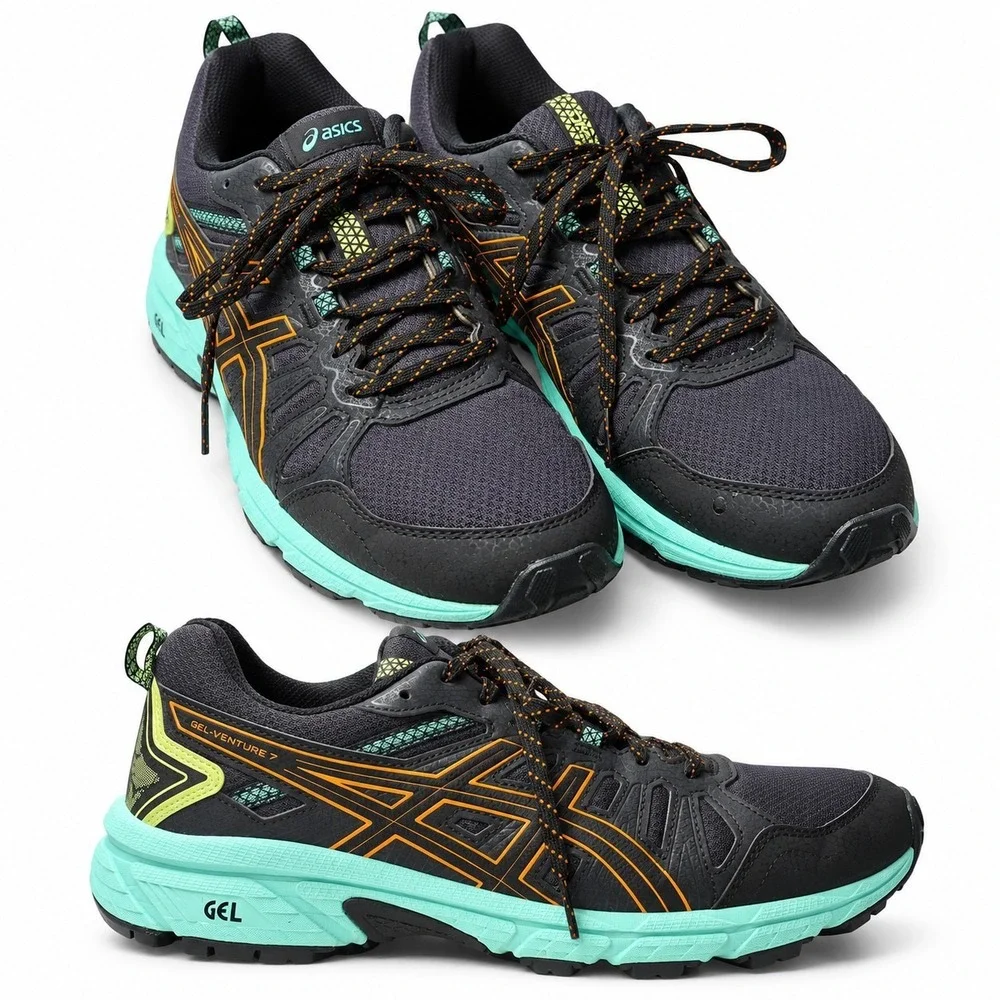 ASICS Gel-Venture 7 Trail Running Sneaker Women Sz 8.5 Black/Teal/Orange Pop GUC